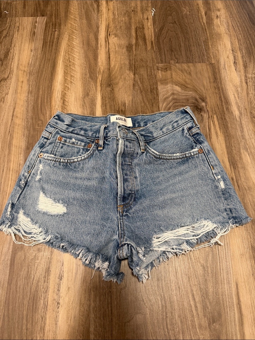 AGOLDE Faded Blue Distressed High-Waist Denim Shorts